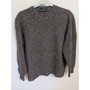 Fred Perry England Jumper Mens L Blue Brown Knit 100% Wool Long Sleeve Sweater